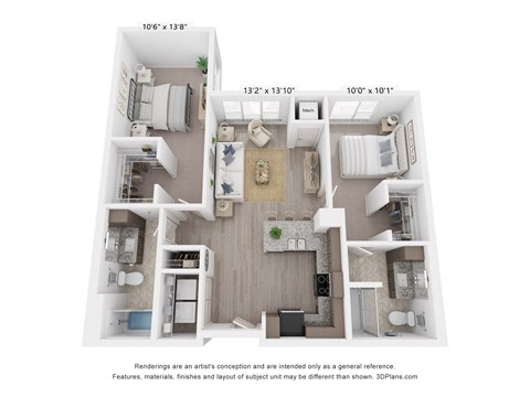 Floor plan for 2 beds, 2 baths, 994 sqft